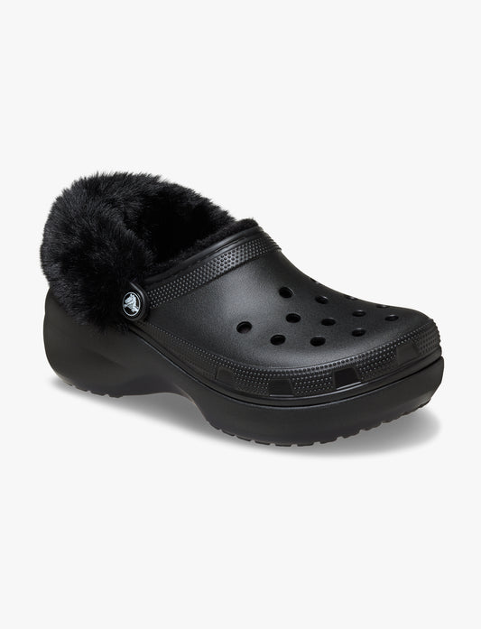 Crocs Classic Platform Fuzz Lined Clog - כפכפי קרוקס פלטפורמה פרוותיים לנשים בצבע שחור